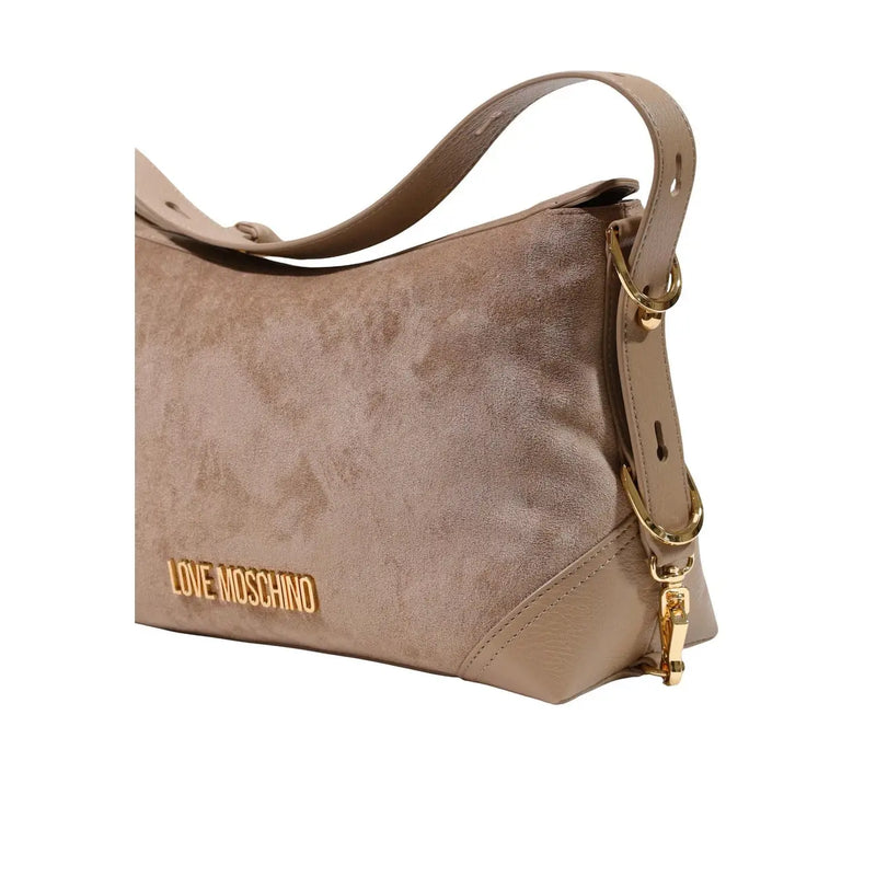 Beigefarbene Moschino Love Schultertasche aus Wildleder mit goldfarbenen Beschlägen und abnehmbarem Riemen (18 cm) für Damen