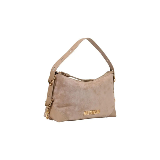 Beiges Wildleder Love Moschino Schultertasche mit goldfarbenen Beschlägen und Logo-Patch vorne, 18 cm, Damenhandtasche