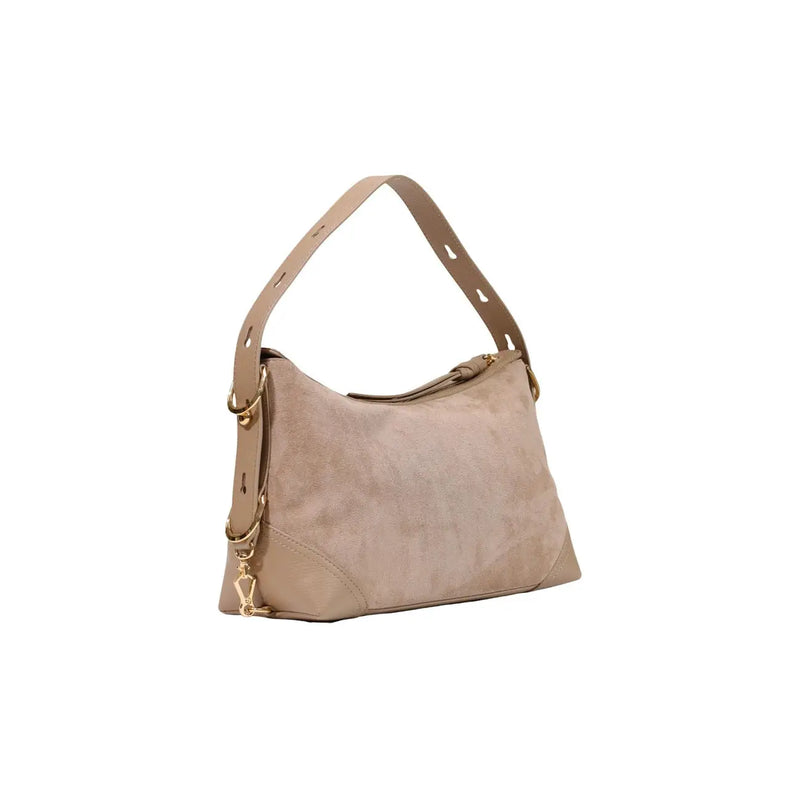 Love Moschino Damenhandtasche, beigefarbene Hobo-Tasche aus Wildleder mit goldfarbenen Beschlägen und abnehmbarem Schulterriemen, 18 cm