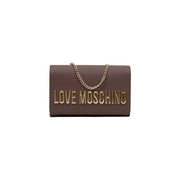 Braune Love Moschino Clutch-Handtasche aus Polyurethan mit goldfarbenem Schriftzug und Kettenriemen, 5 x 13 x 5 cm