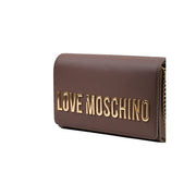 Braun Love Moschino Damenhandtasche aus Polyurethan mit goldfarbener Beschriftung und Kettenriemen, Maße: 5 x 13 x 5 cm