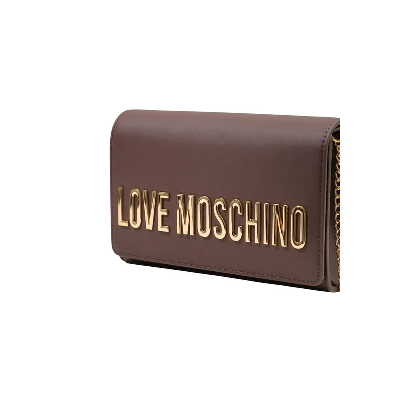 Braun Love Moschino Damenhandtasche aus Polyurethan mit goldfarbener Beschriftung und Kettenriemen, Maße: 5 x 13 x 5 cm