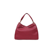 Eine elegante, tiefrote Hobo-Tasche aus Leder mit strukturierter Oberfläche und goldfarbenen Beschlägen von Love Moschino