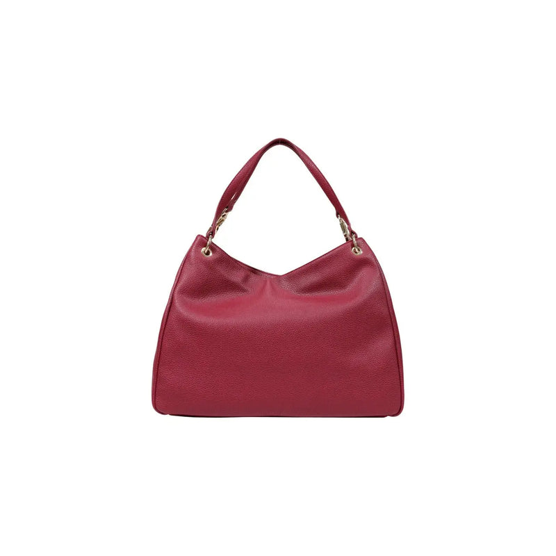 Eine elegante, tiefrote Hobo-Tasche aus Leder mit strukturierter Oberfläche und goldfarbenen Beschlägen von Love Moschino