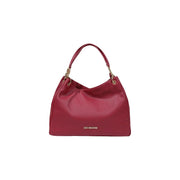 Eine leuchtend rote Liebe Moschino Handtasche mit strukturierter Lederoberfläche und goldfarbenen Beschlägen aus Polyurethanmaterial