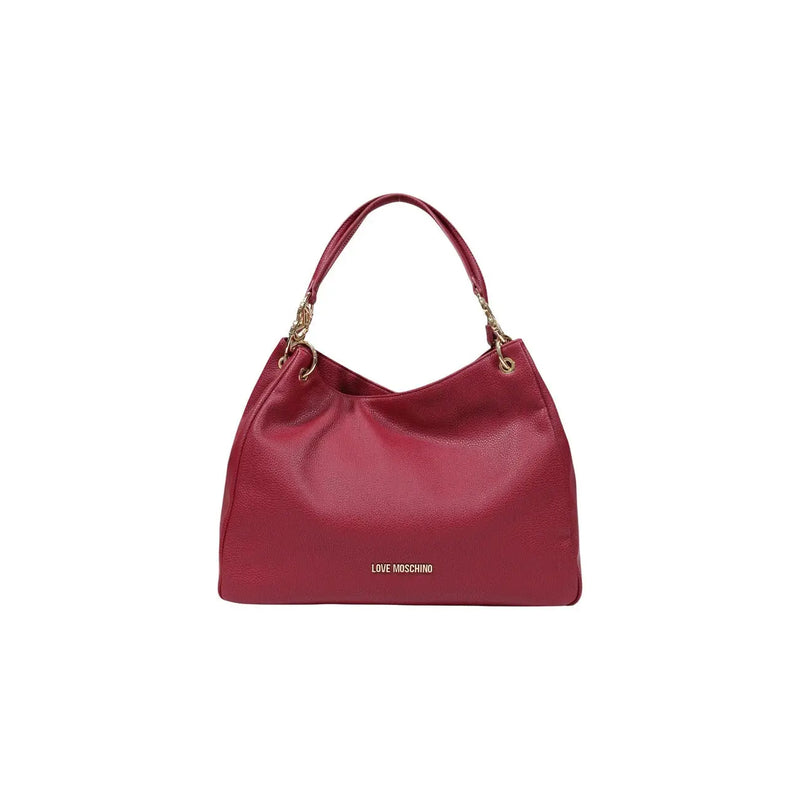 Eine leuchtend rote Liebe Moschino Handtasche mit strukturierter Lederoberfläche und goldfarbenen Beschlägen aus Polyurethanmaterial