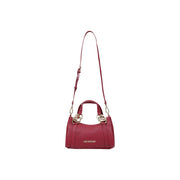 Eine leuchtend rote Liebe Moschino Damen-Schultertasche mit strukturierter Lederoberfläche und goldfarbenen, rosenförmigen Beschlägen