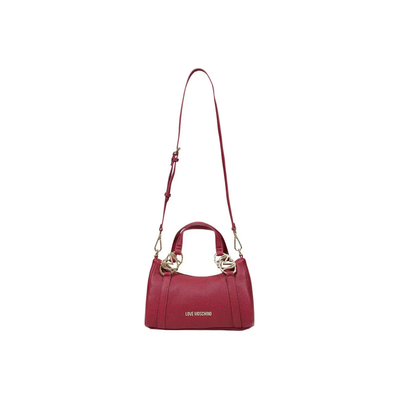 Eine leuchtend rote Liebe Moschino Damen-Schultertasche mit strukturierter Lederoberfläche und goldfarbenen, rosenförmigen Beschlägen