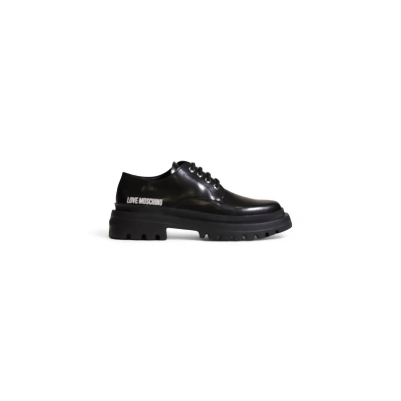 Love Moschino women’s black lace-up shoe in leather and polyurethane with glossy finish and chunky sole