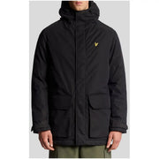 Black parka jacket with hood and multiple pockets, featuring a lyle & scott logo on the chest.