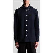 Men’s navy blue long-sleeved cotton shirt with yellow bird logo and single pocket