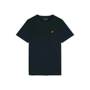 Schwarzes, kurzärmeliges Baumwoll-T-Shirt von Lyle and Scott mit einem kleinen, gelben, gestickten Vogellogo auf der linken Brust.