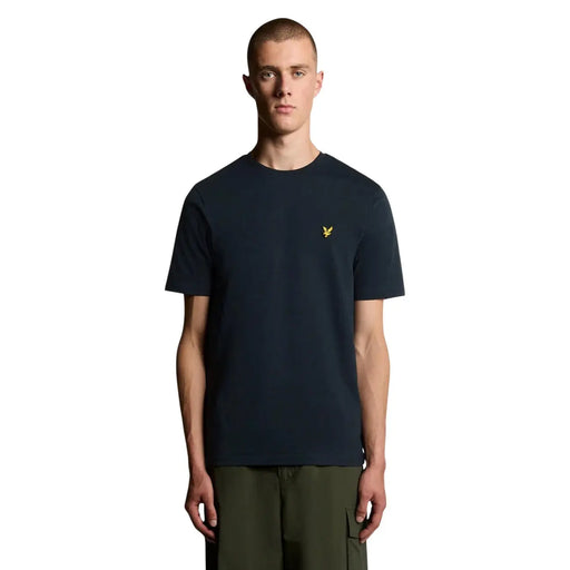 Lyle & Scott Herren-T-Shirt aus blauer Baumwolle mit kurzen Ärmeln und kleinem gelben Vogellogo auf der linken Brust