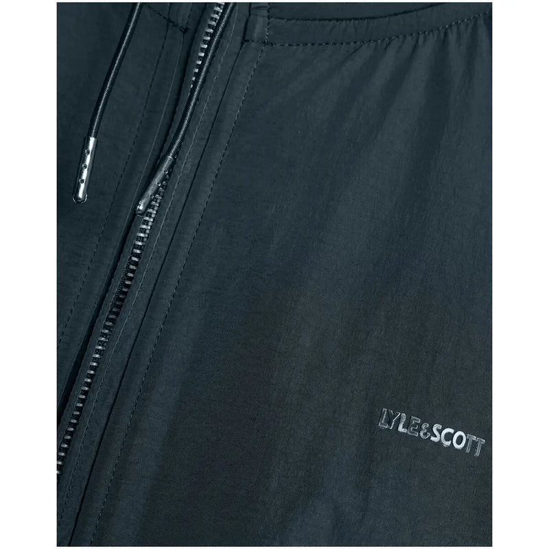 Black lyle and scott jacket with sleek zipper and subtle brand embroidery, complementing the blue zip hooded sweatshirt