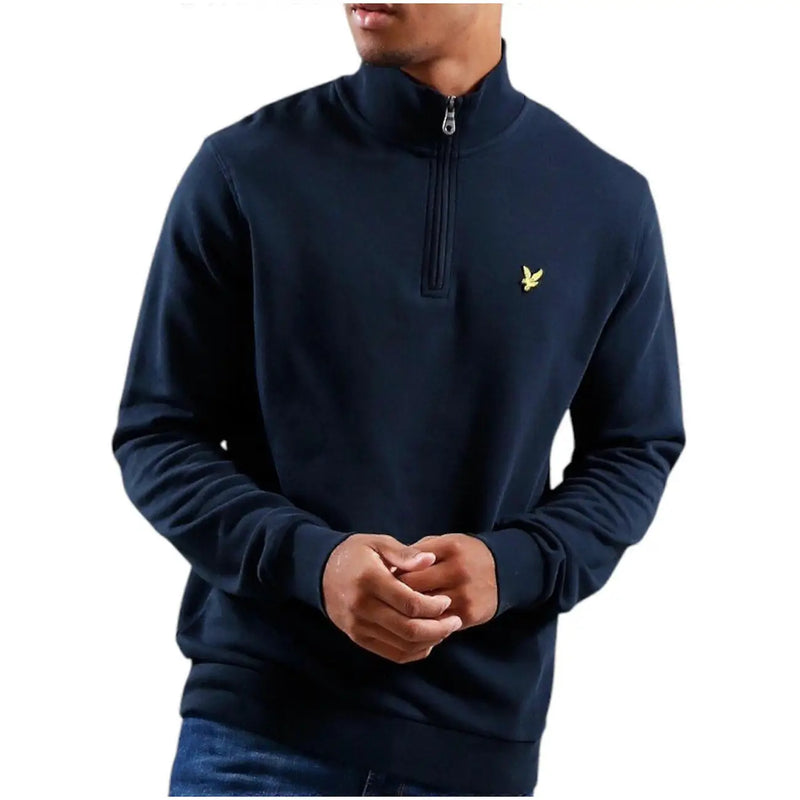 Herren-Sweatshirt in Marineblau mit Viertelreißverschluss, Stehkragen und gelbem Adlerlogo