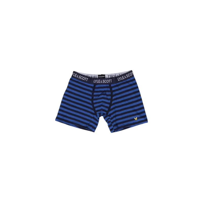 Lyle and Scott Herrenunterwäsche, blaue Baumwoll-Boxershorts mit blauen und marineblauen Streifen und schwarzem Markenbund