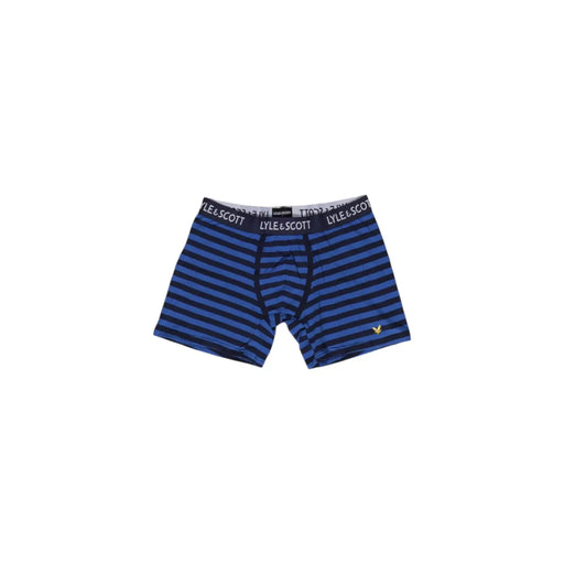Lyle and Scott Herrenunterwäsche, blaue Baumwoll-Boxershorts mit blauen und marineblauen Streifen und schwarzem Markenbund
