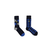 Ein Paar blaue Baumwollsocken von Lyle & Scott für Herren mit marineblauen Rauten- und Karomustern und gelbem Vogellogo
