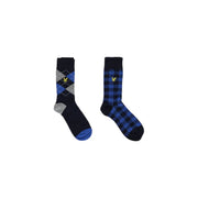 Ein Paar blaue Baumwollsocken von Lyle and Scott für Herren mit marineblauem Rautenmuster, schwarz-blauen Karomustern und gelben Vogellogos.