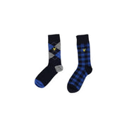 Ein Paar blaue Baumwollsocken von Lyle & Scott für Herren in Marineblau mit Rauten- und Karomuster und einem gelben Vogellogo