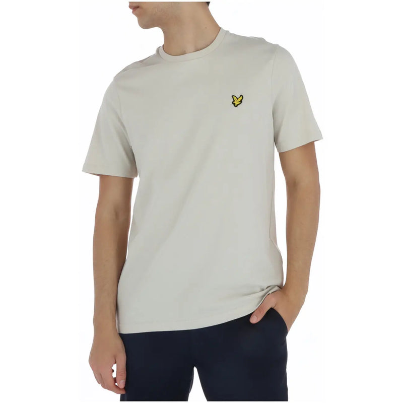 Lyle & Scott beigefarbenes Kurzarmhemd für Herren t-shirt mit gelbem, gesticktem Vogellogo auf der linken Brust