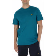 Lyle & Scott Herren-Kurzarmshirt in Türkis t-shirt mit einem gelben Vogellogo auf der linken Brust und einem runden Halsausschnitt