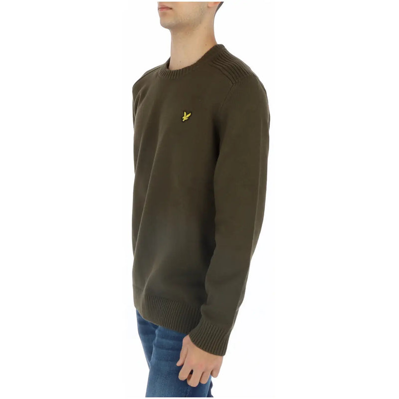 Lyle & Scott men’s olive green cotton round neck sweater with yellow bird embroidery on the chest