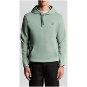 Men’s light green pullover hoodie with kangaroo pocket and yellow embroidered logo