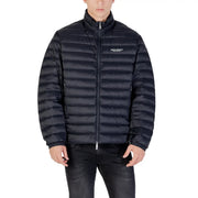 Men’s black quilted puffer jacket with high collar front zipper and Armani Exchange logo on left chest