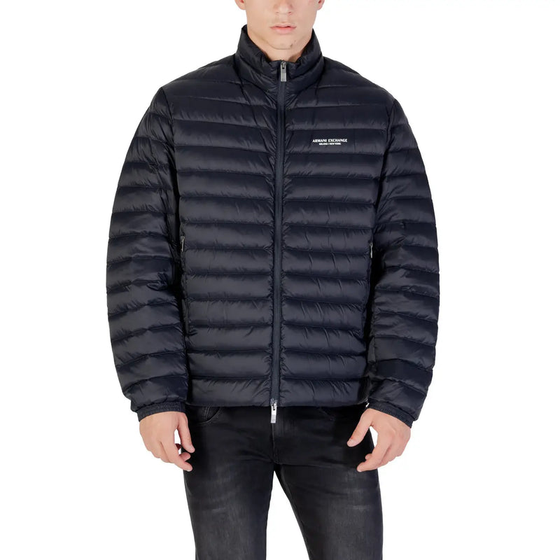 Men’s black quilted puffer jacket with high collar front zipper and Armani Exchange logo on left chest