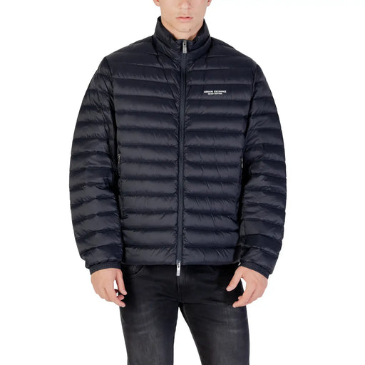 Men’s black quilted puffer jacket with high collar front zipper and Armani Exchange logo on left chest