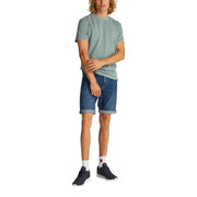 Mens blue denim shorts with rolled cuffs showcasing casual style and durable cotton fabric material