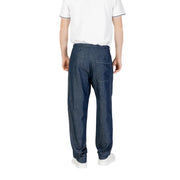 Men’s dark blue denim drawstring pants with relaxed fit and visible stitching details on front side