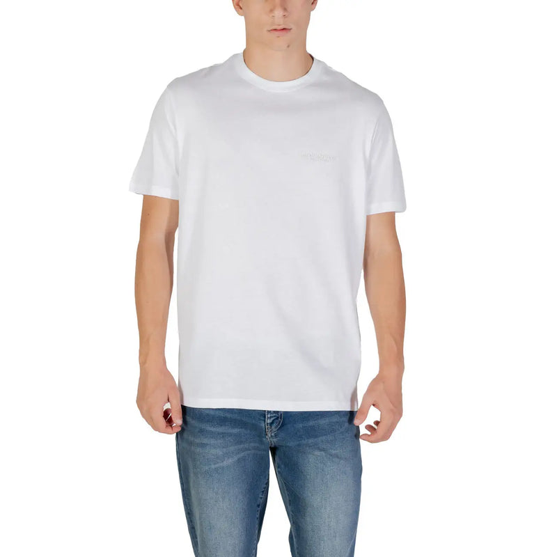 White short-sleeved T-shirt worn with blue jeans on a person, ideal for Men’s Teal Crew Neck T Shirt