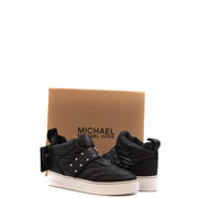 Michael Kors Damen schwarze Nylon-High-Heelstop Sneaker mit Lederbesatz, gesteppter Struktur und silberfarbenem Nietenriemen