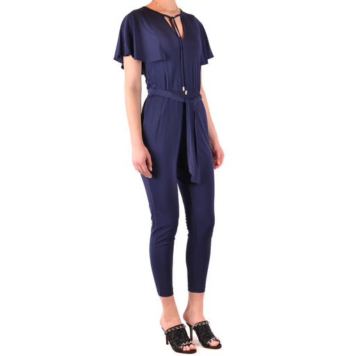 Michael Kors Damen-Jumpsuit aus blauem Satin mit kurzen Rüschenärmeln, Taillengürtel und V-Ausschnitt aus Viskose