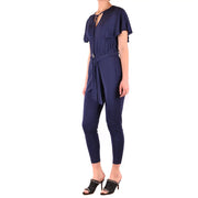 Marineblauer Satin-Jumpsuit von Michael Kors für Damen mit kurzen, flatternden Ärmeln und einem Bindegürtel aus Viskose