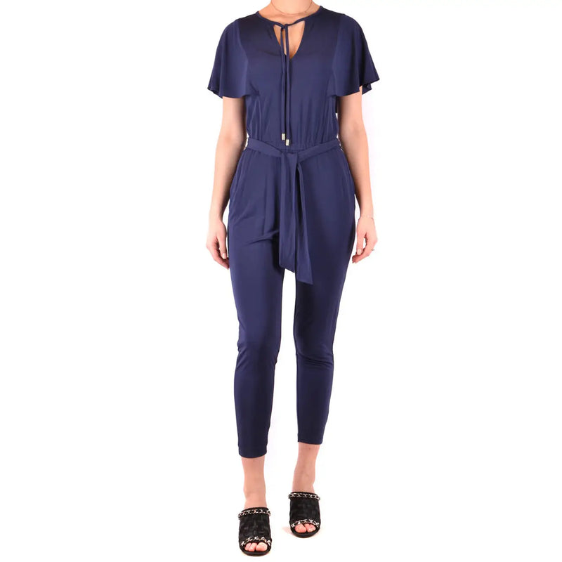 Marineblauer Michael Kors Damen-Jumpsuit aus Viskose mit kurzen Ärmeln, V-Ausschnitt mit Bindeband vorne und passendem Gürtel