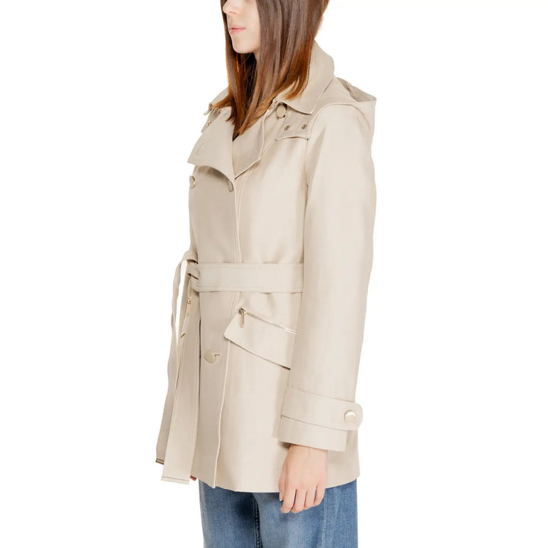 Morgan de toi Beigefarbener, langer Blazer mit Gürtel, aufgesetzten Taschen und geknöpften Manschetten – perfekt für formelle Anlässe.