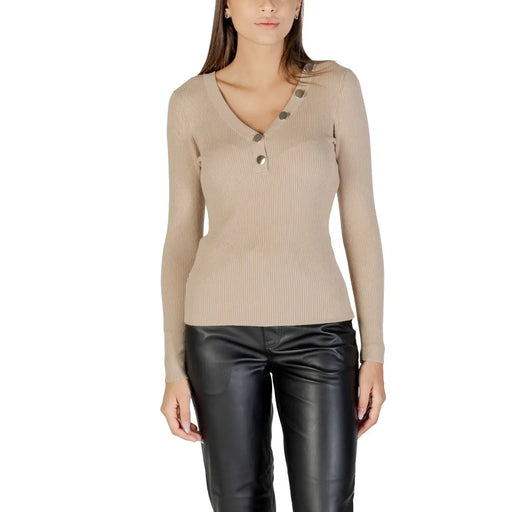 Women’s beige ribbed long-sleeve V-neck top with gold buttons from Morgan De Toi Black Long V Neck Knitwear