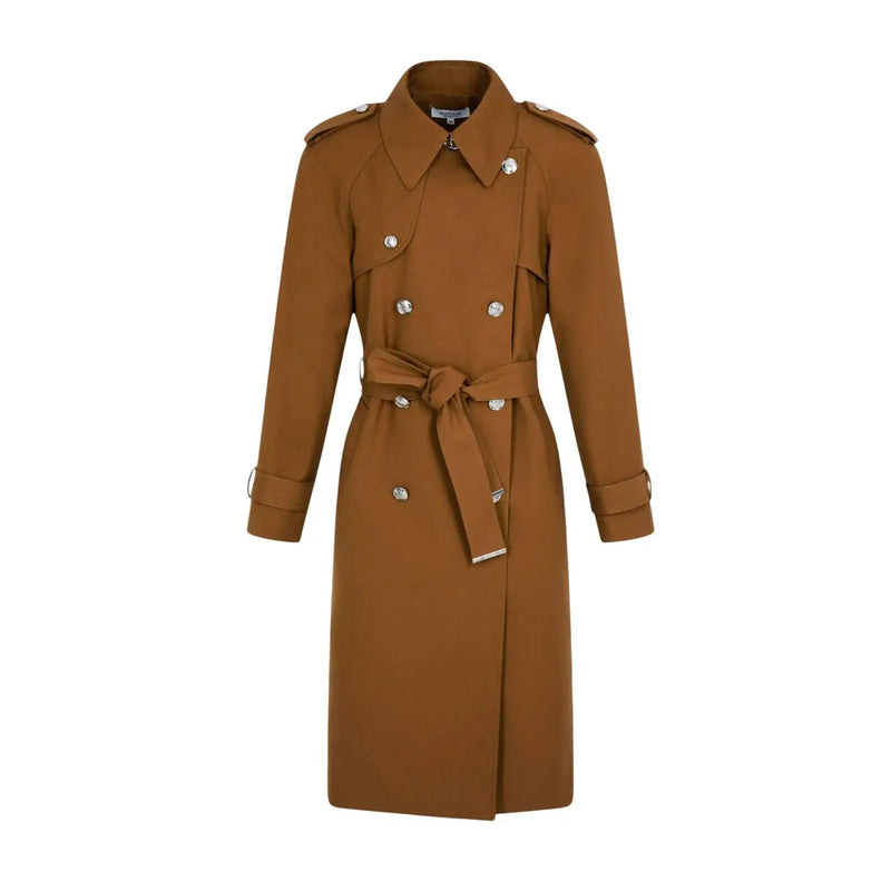 Morgan De Toi Beigefarbener Damenblazer aus Polyester-Mischgewebe mit silberfarbenen Knöpfen und passendem Gürtel im klassischen Trenchcoat-Stil