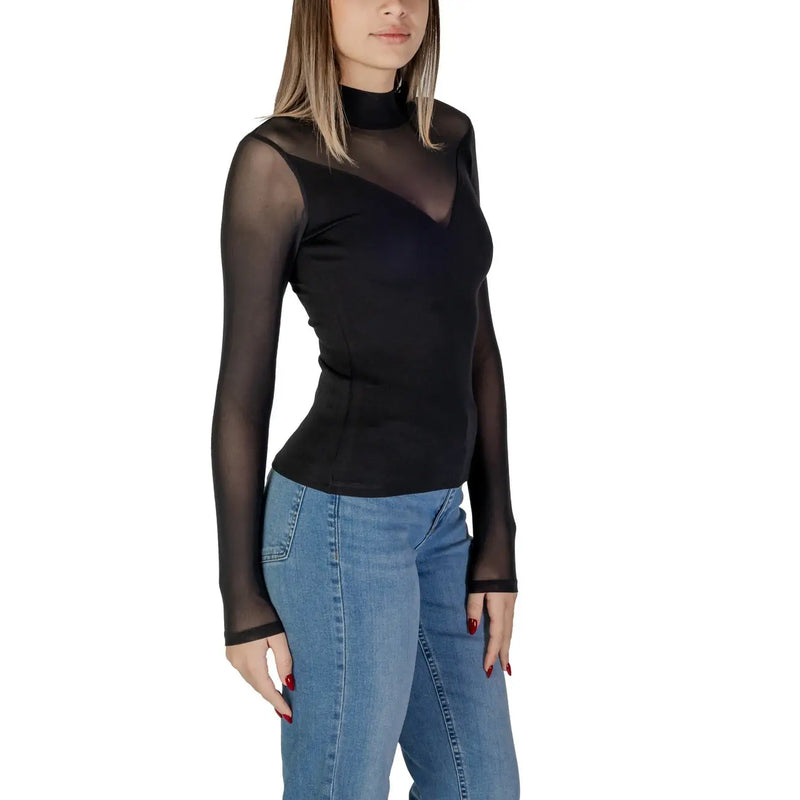 Morgan de toi Schwarze Damenbluse aus Viskosemischung mit transparentem, langärmeligem Stehkragen und Mesh-Einsätzen.