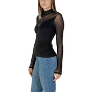 Morgan de toi Schwarze Damenbluse aus Viskosemischung mit transparenten langen Ärmeln und hohem Ausschnitt, Vorderansicht