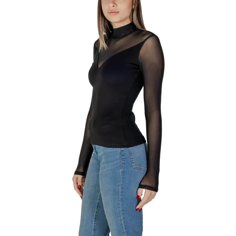 Morgan de toi Schwarze Damenbluse aus Viskosemischung mit transparenten langen Ärmeln und hohem Ausschnitt, Vorderansicht