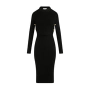 Morgan de toi Schwarzes langes Damenkleid aus Viskosemischung mit gerippter Strickstruktur, langen Ärmeln und goldfarbenen Knöpfen