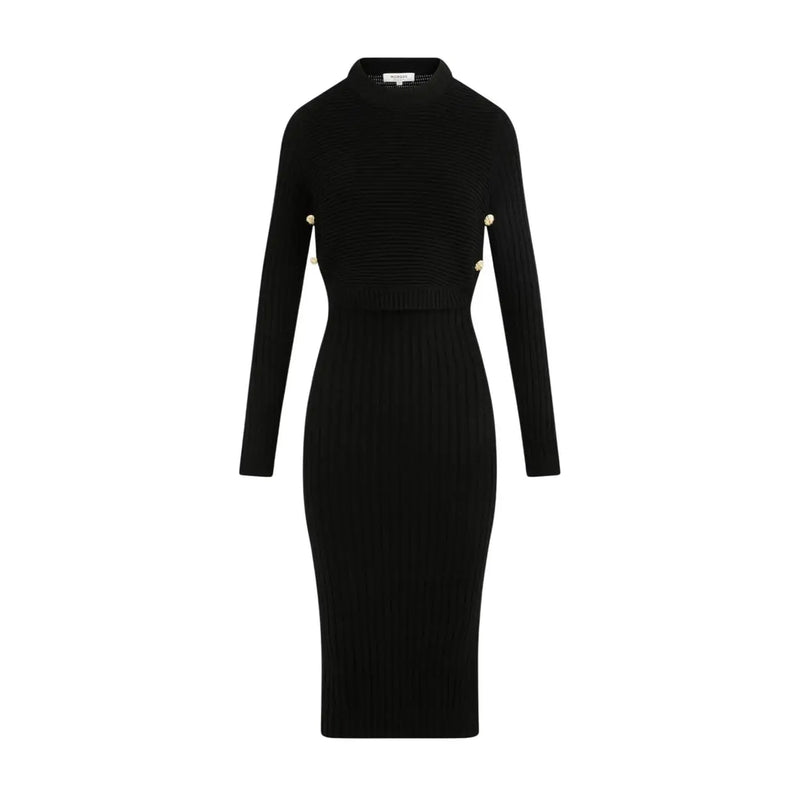 Morgan de toi Schwarzes langes Damenkleid aus Viskosemischung mit gerippter Strickstruktur, langen Ärmeln und goldfarbenen Knöpfen
