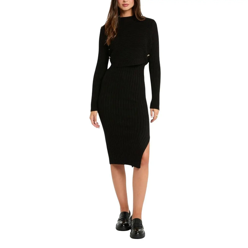 Schwarzes, geripptes zweiteiliges Strickkleid mit hohem Kragen, langen Ärmeln und Seitenschlitz von morgan de toi Viskosemischung