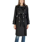 Morgan de toi Schwarzer, doppelreihiger Damen-Trenchcoat aus Polyester mit silberfarbenen Knöpfen und passendem Gürtel