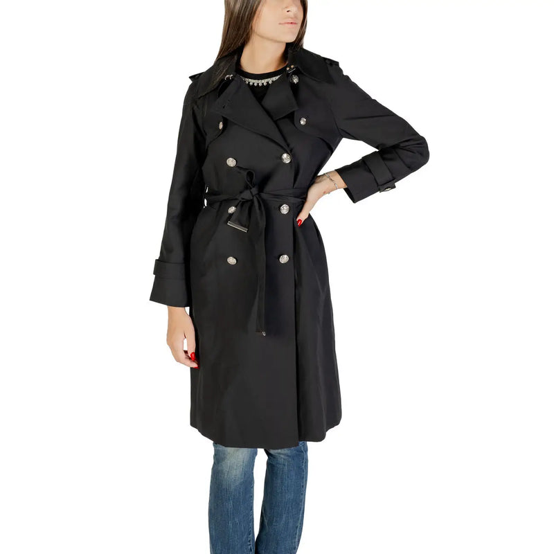 Morgan De Toi Schwarzer Damen-Blazer aus Polyester, doppelreihiger Trenchcoat mit silberfarbenen Knöpfen und Gürtel in der Taille