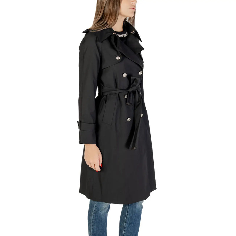Morgan De Toi Schwarzer, doppelreihiger Damen-Trenchcoat aus Polyester mit silberfarbenen Knöpfen und passendem Gürtel